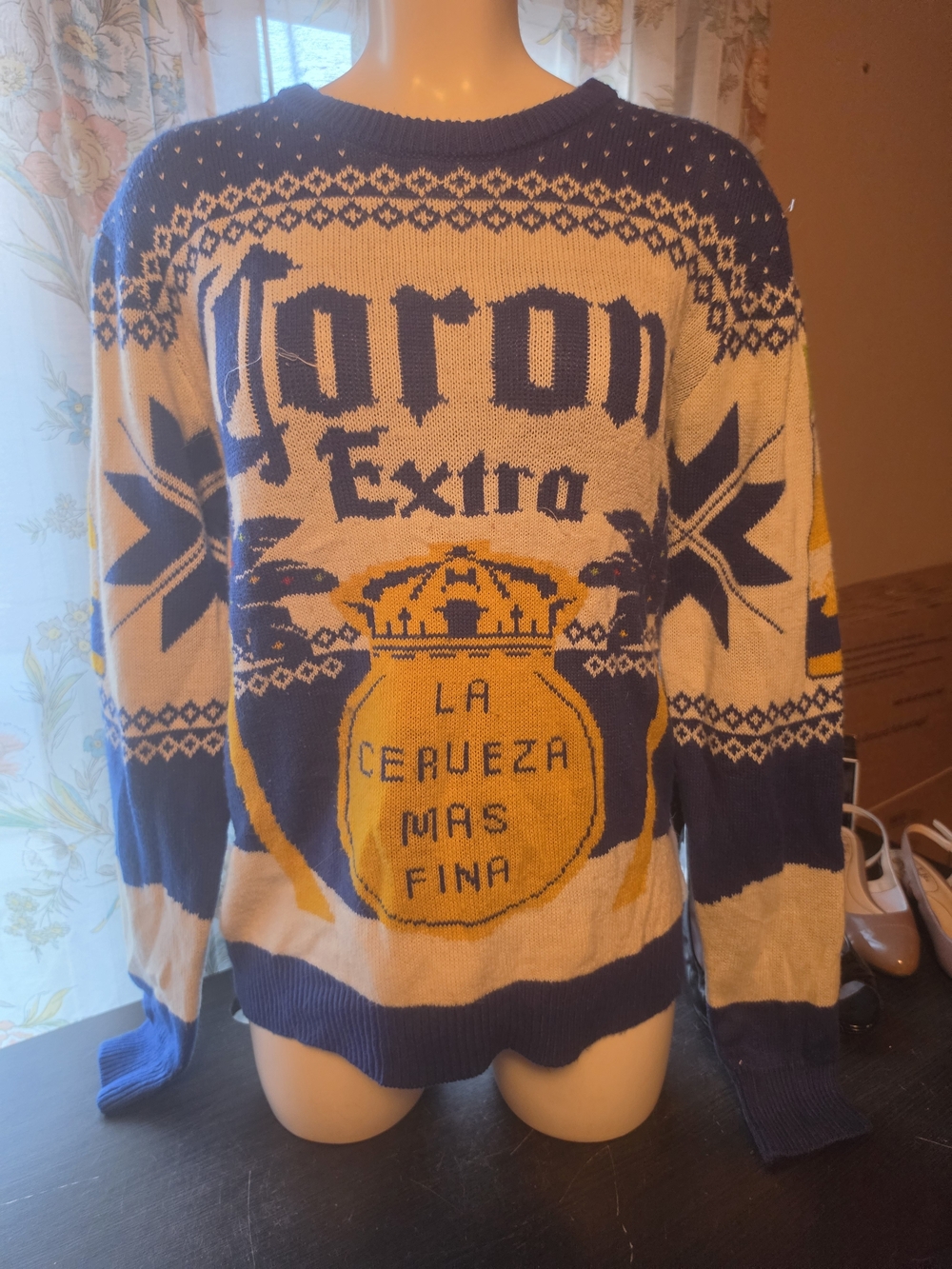 Corona Knit Crewneck Sweater in Blue, Cream & Yellow